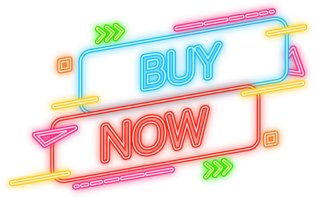 Neon buy now banner on blue background. Buy offer sticker. Vector background. Vector design banner